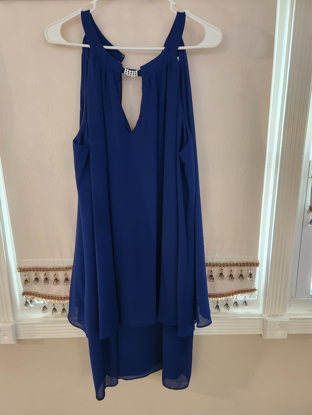 Eliza J Royal Blue High-Low Chiffon Dress with Rhinestone Accent